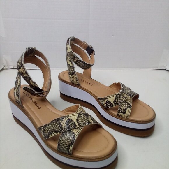 Lucky Brand Wedge Sandals Women 8 Tarhi Snake Skin Animal Print Ankle Strap - Picture 2 of 16